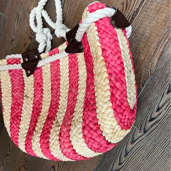 Red straw Cornhusk tote bag nautical stripes rope handles wood anchor - Picture 10 of 12